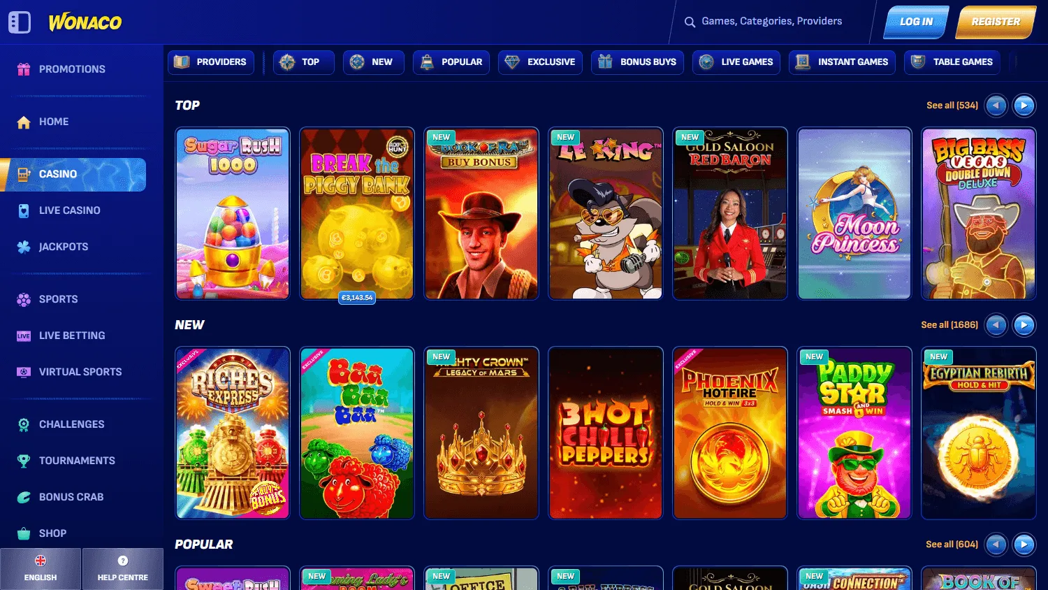 Wonaco Casino game selection on desktop