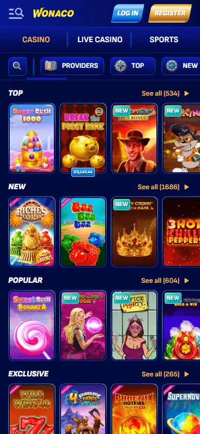 Wonaco Casino games on a mobile device