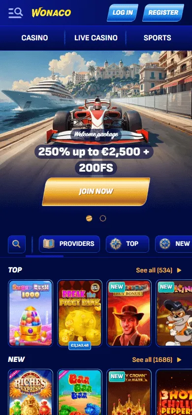 Wonaco Casino home screen on a mobile device