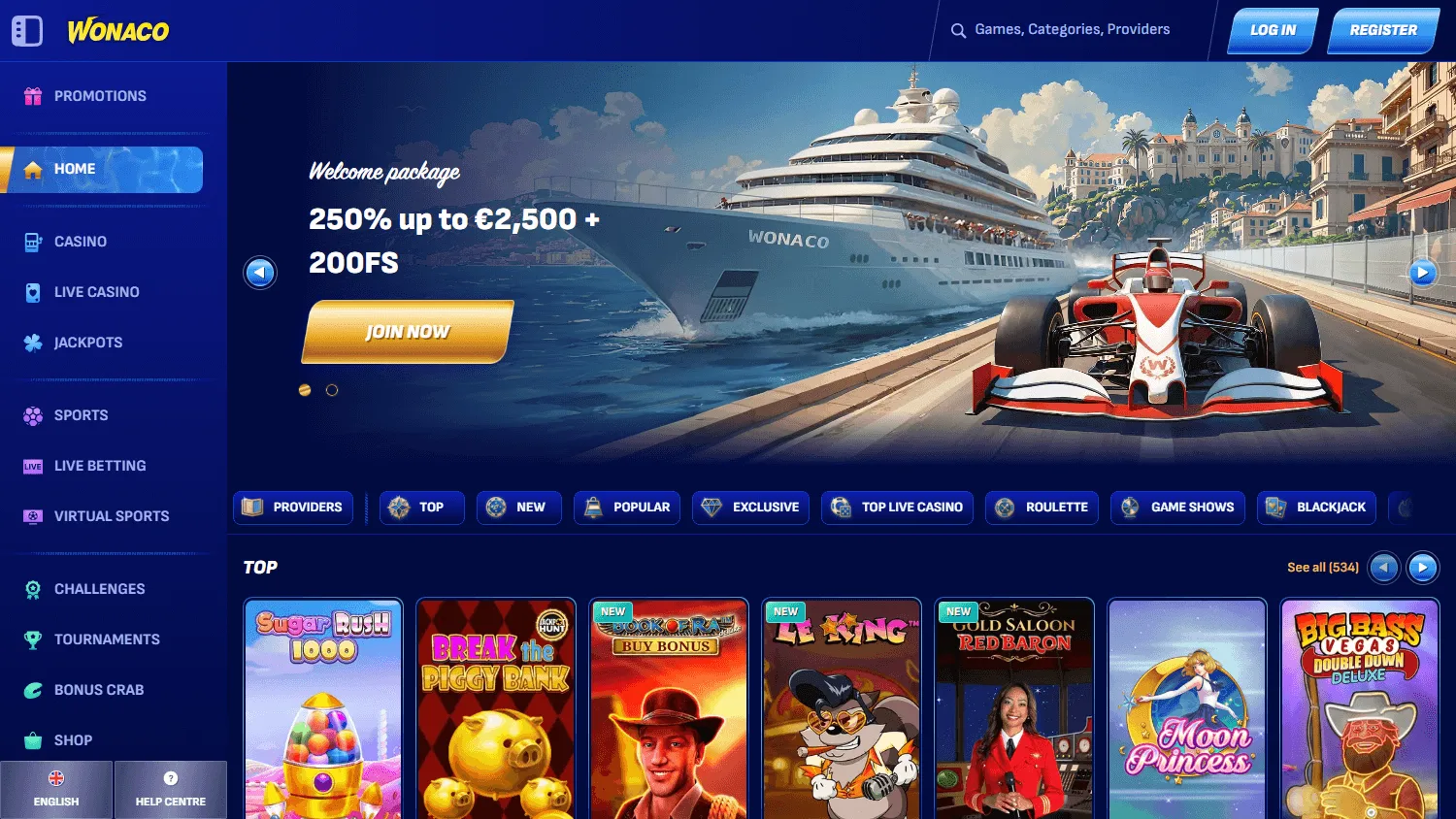 Wonaco Casino home screen on desktop