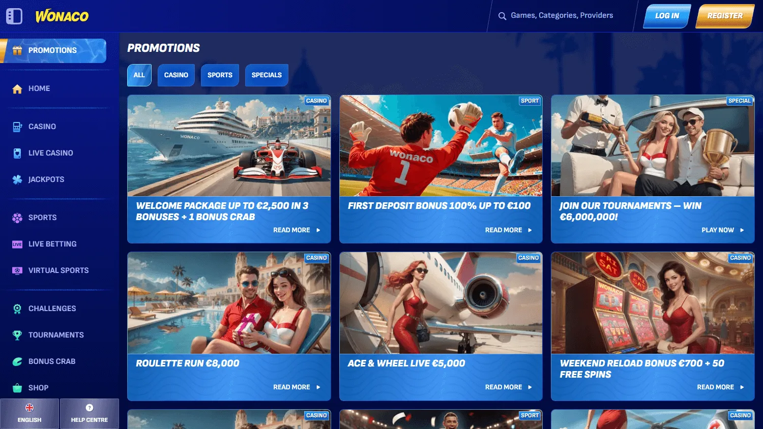 Wonaco Casino promotions area on desktop